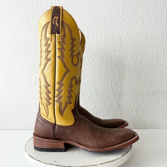 Rod Patrick Mens Cowboy Boots 8AA Brown Kangaroo Yellow Top Western Square Toe - Picture 3 of 13